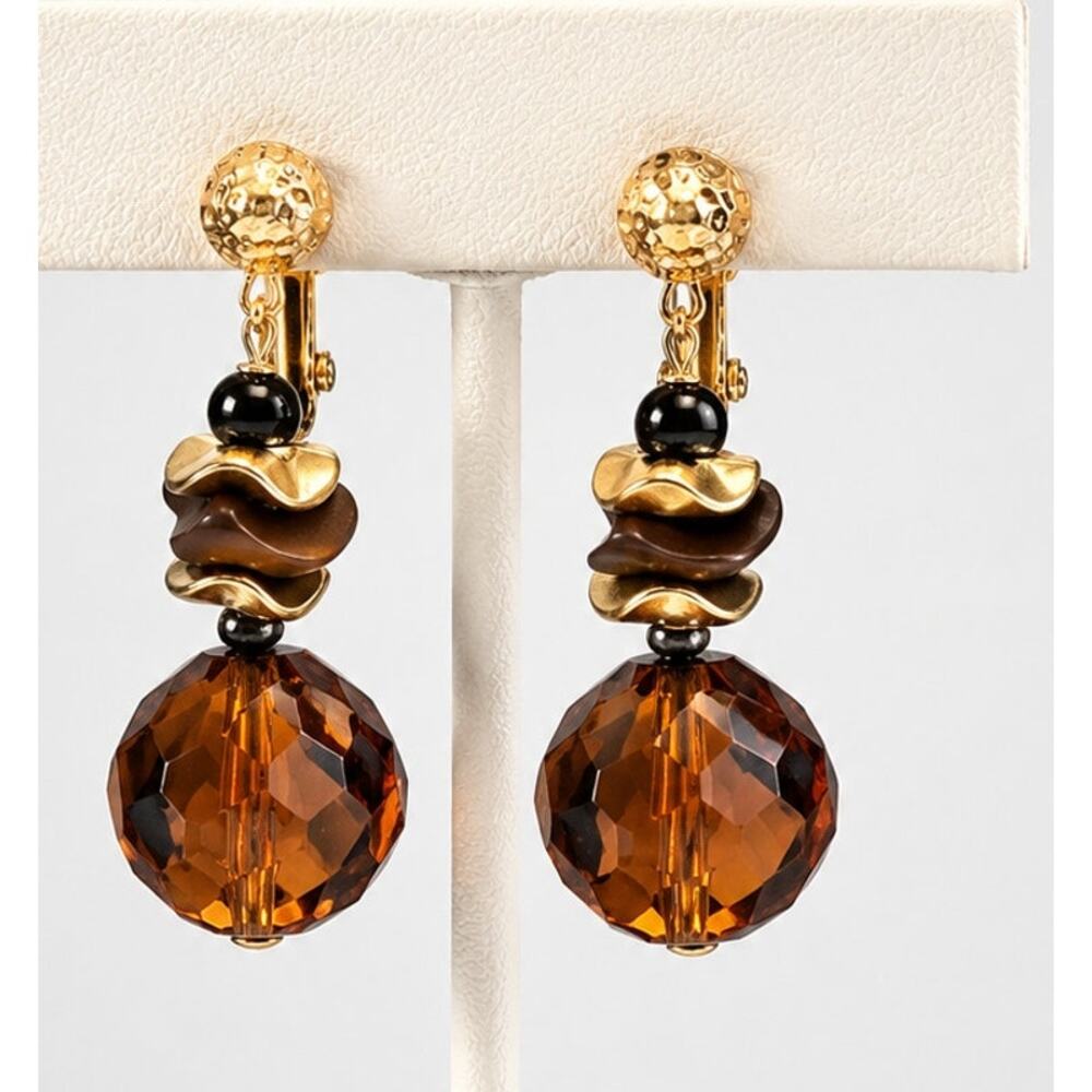 Vintage Signed Clip-on Earrings Hong Kong Dangle 1.5" Gold-tone Lucite Long bc-8